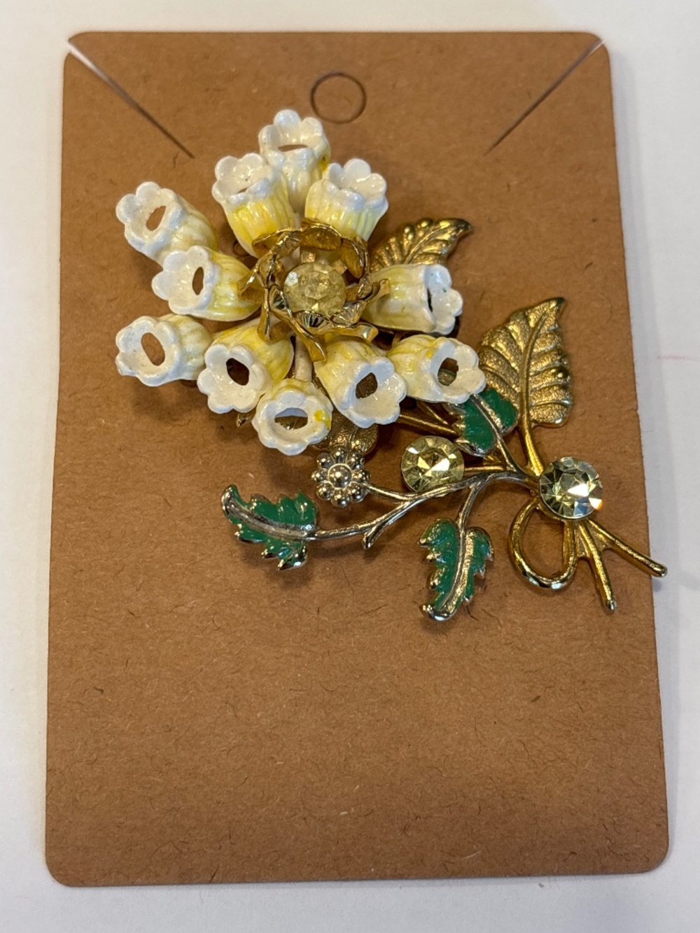 Vintage Unsigned Brooch Pin Enamel Flowers Rhinestone Centers Gold Tone
